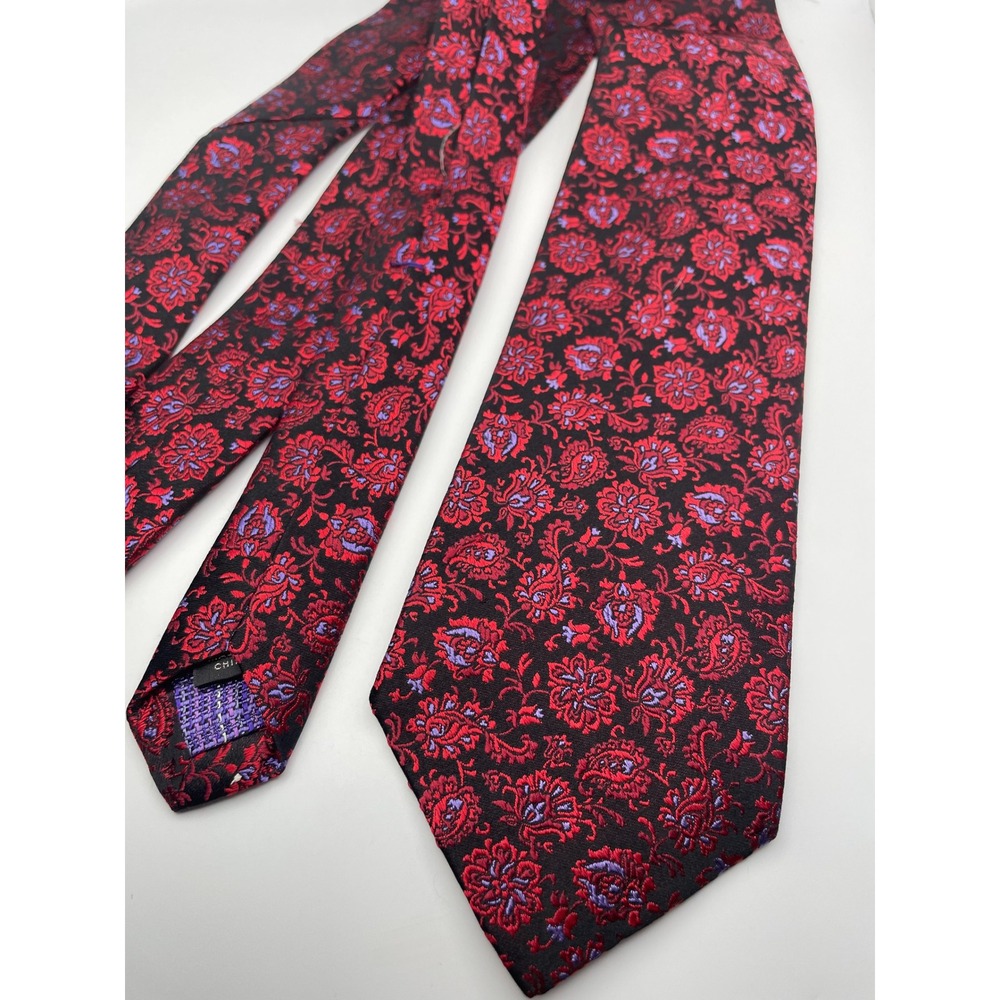 Michelsons of London Mens Red Purple Floral Paisley Seven Fold 100% Silk Necktie